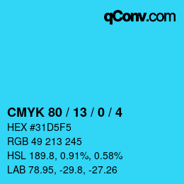 カラーコード: CMYK 80 / 13 / 0 / 4 | qconv.com