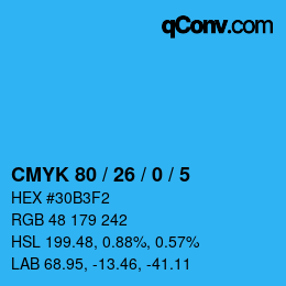 カラーコード: CMYK 80 / 26 / 0 / 5 | qconv.com