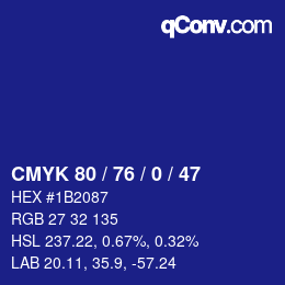 Farbcode: CMYK 80 / 76 / 0 / 47 | qconv.com