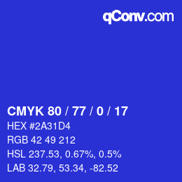 Color code: CMYK 80 / 77 / 0 / 17 | qconv.com