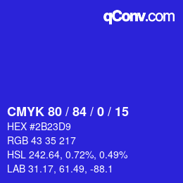 Color code: CMYK 80 / 84 / 0 / 15 | qconv.com