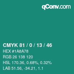 颜色代码: CMYK 81 / 0 / 13 / 46 | qconv.com