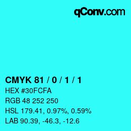 颜色代码: CMYK 81 / 0 / 1 / 1 | qconv.com