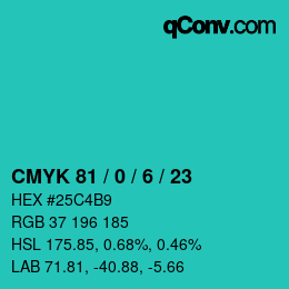 カラーコード: CMYK 81 / 0 / 6 / 23 | qconv.com