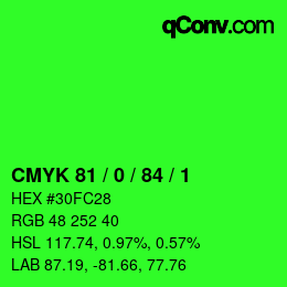 颜色代码: CMYK 81 / 0 / 84 / 1 | qconv.com
