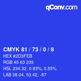 Color code: CMYK 81 / 73 / 0 / 8 | qconv.com