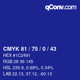 Farbcode: CMYK 81 / 75 / 0 / 43 | qconv.com