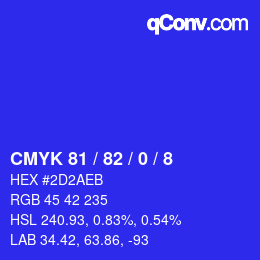 カラーコード: CMYK 81 / 82 / 0 / 8 | qconv.com