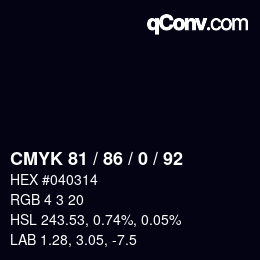 カラーコード: CMYK 81 / 86 / 0 / 92 | qconv.com