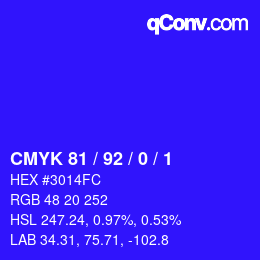 カラーコード: CMYK 81 / 92 / 0 / 1 | qconv.com