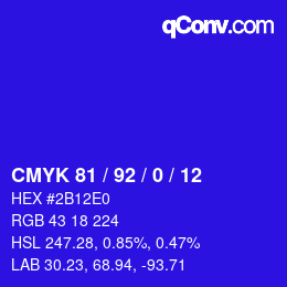 カラーコード: CMYK 81 / 92 / 0 / 12 | qconv.com
