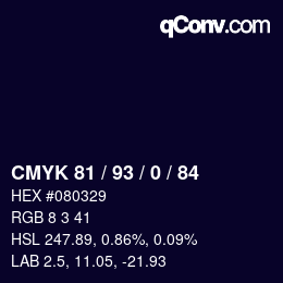 カラーコード: CMYK 81 / 93 / 0 / 84 | qconv.com