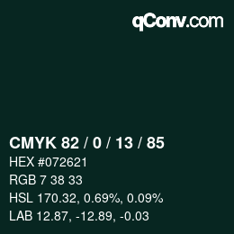 カラーコード: CMYK 82 / 0 / 13 / 85 | qconv.com