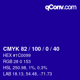 Code couleur: CMYK 82 / 100 / 0 / 40 | qconv.com