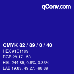 カラーコード: CMYK 82 / 89 / 0 / 40 | qconv.com