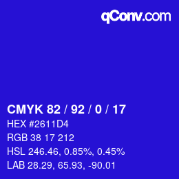 カラーコード: CMYK 82 / 92 / 0 / 17 | qconv.com