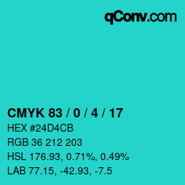 カラーコード: CMYK 83 / 0 / 4 / 17 | qconv.com