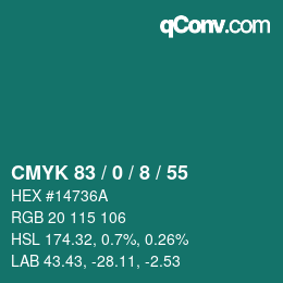 カラーコード: CMYK 83 / 0 / 8 / 55 | qconv.com