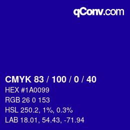 Code couleur: CMYK 83 / 100 / 0 / 40 | qconv.com