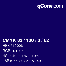 颜色代码: CMYK 83 / 100 / 0 / 62 | qconv.com