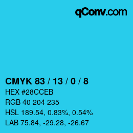カラーコード: CMYK 83 / 13 / 0 / 8 | qconv.com