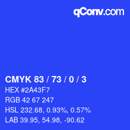 カラーコード: CMYK 83 / 73 / 0 / 3 | qconv.com