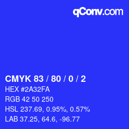 カラーコード: CMYK 83 / 80 / 0 / 2 | qconv.com