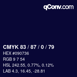Farbcode: CMYK 83 / 87 / 0 / 79 | qconv.com