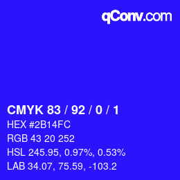 カラーコード: CMYK 83 / 92 / 0 / 1 | qconv.com