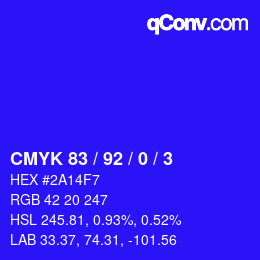 カラーコード: CMYK 83 / 92 / 0 / 3 | qconv.com