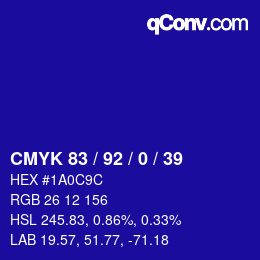 カラーコード: CMYK 83 / 92 / 0 / 39 | qconv.com