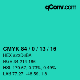 カラーコード: CMYK 84 / 0 / 13 / 16 | qconv.com