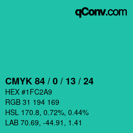 カラーコード: CMYK 84 / 0 / 13 / 24 | qconv.com