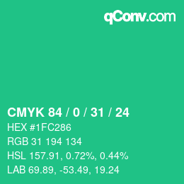 颜色代码: CMYK 84 / 0 / 31 / 24 | qconv.com