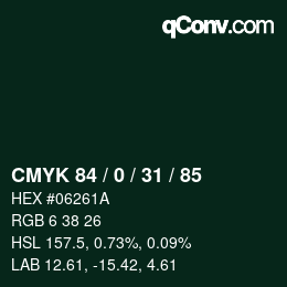 Farbcode: CMYK 84 / 0 / 31 / 85 | qconv.com
