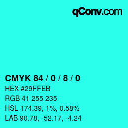 颜色代码: CMYK 84 / 0 / 8 / 0 | qconv.com