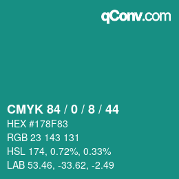 カラーコード: CMYK 84 / 0 / 8 / 44 | qconv.com