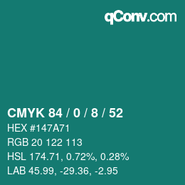 カラーコード: CMYK 84 / 0 / 8 / 52 | qconv.com