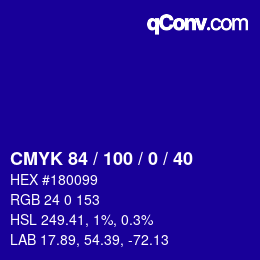 Code couleur: CMYK 84 / 100 / 0 / 40 | qconv.com