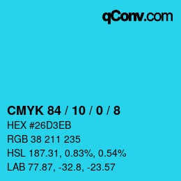 カラーコード: CMYK 84 / 10 / 0 / 8 | qconv.com