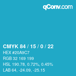 カラーコード: CMYK 84 / 15 / 0 / 22 | qconv.com