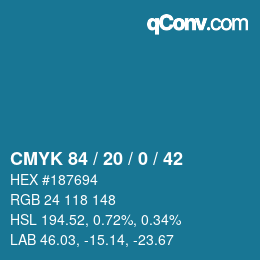 カラーコード: CMYK 84 / 20 / 0 / 42 | qconv.com