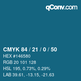 カラーコード: CMYK 84 / 21 / 0 / 50 | qconv.com