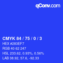 カラーコード: CMYK 84 / 75 / 0 / 3 | qconv.com