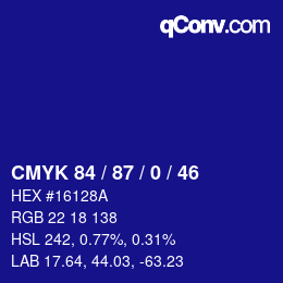 カラーコード: CMYK 84 / 87 / 0 / 46 | qconv.com