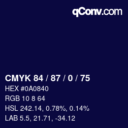 カラーコード: CMYK 84 / 87 / 0 / 75 | qconv.com