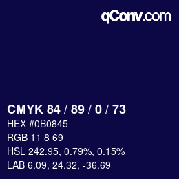 カラーコード: CMYK 84 / 89 / 0 / 73 | qconv.com
