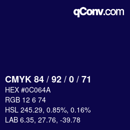 カラーコード: CMYK 84 / 92 / 0 / 71 | qconv.com