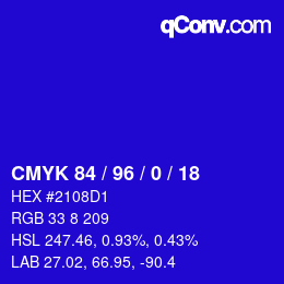 カラーコード: CMYK 84 / 96 / 0 / 18 | qconv.com