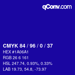 カラーコード: CMYK 84 / 96 / 0 / 37 | qconv.com